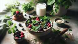 Fresh herb-infused overnight oats with vibrant berries and almond milk on a minimalistic table, embodying a wholesome morning tranquility.