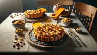 Hyperrealistic image of vegan butternut squash rounds topped with golden panko and nuts on a clean, minimalist table, ready to eat.
