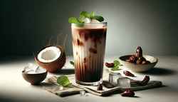 Image of African Tamarind Coconut Cooler: A tall glass with brown drink and creamy coconut streaks, adorned with mint, beside tamarind pods and coconut shell, in bright light.