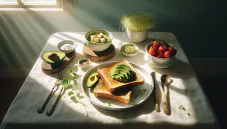 Create an image of a tranquil breakfast table setting illuminated by soft morning sunlight, which is seeping softly through a nearby window. The table is adorned with a pristine white tablecloth. On an immaculate white plate, you can see two slices of whole grain bread toasted to a perfect golden brown, exuding warmth and a tantalizing aroma. A small bowl filled with a creamy green mash of ripe avocado is placed near the toast. On a separate plate, there are thin strips of firm tofu, seasoned lightly with lemon juice, salt, and pepper. The green shade of the avocado and the white tofu provide a visually pleasing contrast. Multiple toppings have been set up near the primary dish. These include sliced cherry tomatoes with their rich red tone, as well as sprouts and microgreens, which provide a pop of green color. Supplementing these are a light sprinkling of extra salt and pepper. The quiet elegance of the dish is the main focus, reflecting the allure of the avocado and tofu duo. The scene suggests a nutritious, satisfying, and visually striking beginning to the day, promising to titillate the senses with every morsel.
