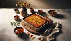 Spiced Vegan Bobotie: A South African Delight Spiced vegan Bobotie in a rustic tray with a golden crust, beside a bowl of vibrant sauce, on a clean table with simple decor and warm lighting.
