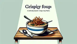 Impeccably plated crispy soup fusion with crunchy fried onions topping, served in a simple, clean setting