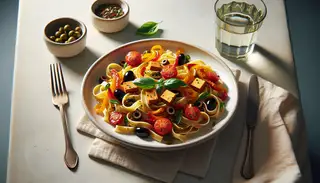 A vegan tagliatelle dinner on a white plate with tempeh, red peppers, tomatoes, olives, capers, and basil, beside a silver fork and water glass, on a simple table.