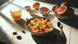 High-res image of a minimalist breakfast table with a bowl of citrus salad, mint, almonds, and agave syrup under natural light.