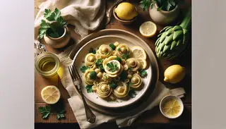 A serene image of a set table featuring a plate of Vegan Lemon Artichoke Pasta garnished with parsley, with Mediterranean influences.