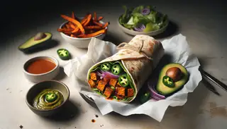 Image of a minimalistic lunch setup featuring a Spicy BBQ Tempeh Wrap, sweet potato fries, and salad, under natural light on a neutral background.
