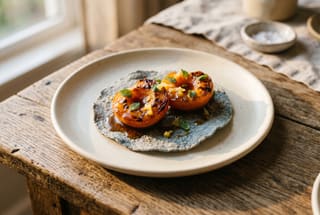 Mezcal-Flambéed Blenheim Apricots with Heirloom Masa Crisps Flambéed apricots on blue corn masa crisps with amber glaze and fresh mint on a minimalist stoneware plate.