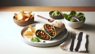 Image of a minimalist vegan lunch with a BBQ jackfruit wrap on a light plate, side of chips, and fresh salad, in natural light on a simple table.