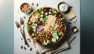 A vibrant vegan salad with mixed greens, cherry tomatoes, cucumber, chickpeas, almonds, vegan feta, and plant-based dressing on a clean table.