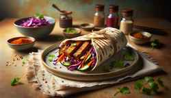 Vegan Asian BBQ Tempeh Wrap on a simple plate, featuring vibrant fillings and fresh cilantro, set against a clean, light background.