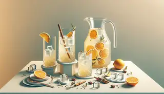 A hyperrealistic image of a Spiced Citrus Spritzer on a minimalist table, featuring vibrant citrus hues, frosted cubes, and delicate spice garnishes for a serene and invigorating visual experience.
