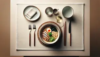 Vibrant vegan ramen soup centerpiece on minimalist table setting, exuding warmth and comfort