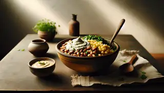 A rustic bowl filled with maize and bean Irio topped with coconut Sukuma Wiki, set on a dark wood table, with a side of sauce and a wooden spoon.