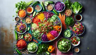 Create a vibrant, colorful image of a tangy lunch table set with a diverse array of fresh vegetables. The table features mixed salad greens, shredded red cabbage, julienned carrots, sliced cucumbers, and thinly sliced bell peppers. Fresh cilantro leaves and chopped roasted peanuts are sprinkled throughout, adding an extra burst of flavor. The central attraction is a delicious Tangy Vegan Asian Salad, arranged in a large bowl. This salad displays the complexity of plant-based ingredients in a symphony of vivid colors and textures, with a tangy dressing of soy sauce, rice vinegar, sesame oil, maple syrup, grated ginger, and minced garlic drizzled over it. This visual feast embodies a refreshing lunchtime meal, filled with wholesome goodness and tantalizing tart flavors.
