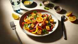 Image of a modern Asian citrus tofu stir-fry in a shallow bowl, featuring crispy tofu, colorful vegetables, cilantro, and sesame seeds, on a minimalist table under soft lighting.