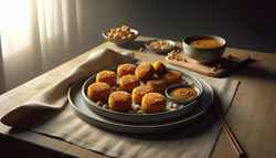 Golden-brown vegan patties made from sweet potato and butternut squash on a modern plate, with a dipping sauce, in a natural light setting.