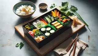 Vegan bento box on a clean table, filled with colorful pickled veggies, tofu, nori, and garnished with sesame seeds and cilantro.