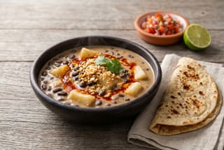 Smoked njahi and cassava braise in a clay bowl with berbere oil, charred chapati, and kachumbari on a weathered teak table.