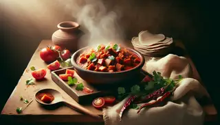 Vegan Ethiopian Berbere Jackfruit Stew in a clay pot, garnished with cilantro on a wooden table with injera and a spoon, warmly lit.