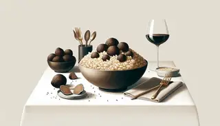 Exquisite Vegan Truffle Risotto in elegant bowl on minimalist table setting, embodying luxury and gourmet sophistication