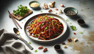 Image of a vegan jackfruit dish, glazed in hoisin and soy sauce, topped with garlic, ginger, red peppers, green onions, sesame seeds, and cilantro on a simple table.