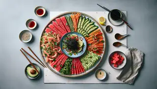 Vegan seafood-style platter with dehydrated watermelon, marinated jackfruit, and carrot strips, topped with seaweed salad and sesame seeds, served with soy sauce and lemon.