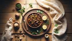 Vegan Ethiopian Spiced Mushroom Tibs on a rustic clay plate, garnished with cilantro and lemon, on a wooden table.