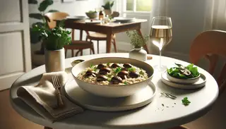 Vegan Mushroom Miso Risotto in a white bowl, with a green salad, vegan white wine, in a serene, naturally lit dining setup.