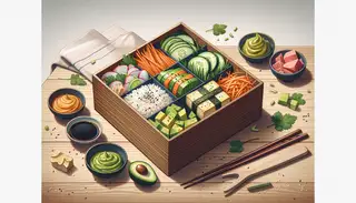 Vegan bento box on a wooden table, filled with sushi rice, vegetables, tofu with soy sauce, sesame seeds, wasabi, and pickled ginger, in natural light.