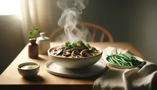 Elegant vegan mushroom stroganoff in a white bowl on a wooden table, accompanied by steamed green beans, in a cozy, minimalistic setting.