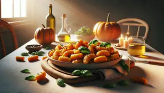Cozy autumn scene with vegan pumpkin and ginger gnocchi garnished with Thai basil and olive oil on a simple table.