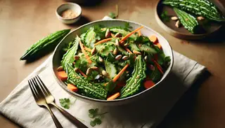 Vegan Bitter Melon Salad on a minimalistic table, featuring thinly sliced vegetables, herbs, peanuts, and sesame seeds, exuding freshness and warmth.