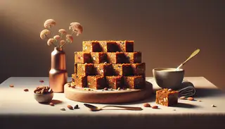 Vegan African dessert bars with nuts and fruits on a simple table, highlighted by warm light and a colorful flower vase.