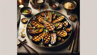 Create an image of an inviting table adorned with a wonderfully robust Asian side dish. The main focus of the table is a beautifully showcased plate of Roasted Miso-Glazed Eggplant. The halves of the golden brown eggplant are decorated in a checkered pattern, revealing their soft and savory interior. A ample amount of tangy miso glaze sparkles on top, bringing a surge of umami taste. The dish is decorated with thinly sliced green onions and sprinkled with sesame seeds, providing a burst of freshness and crunch. The table is embellished with sophisticated tableware, including delicate chopsticks and a fashionable plate. The backdrop portrays a welcoming dining environment, adorned with hints of Asian-inspired decorations. The image encapsulates the essence of this tempting Asian-inspired side dish, encouraging viewers to partake in its plentiful flavors and textures.