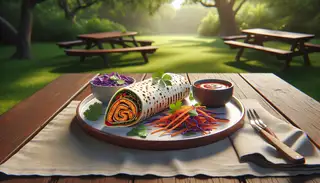 Realistic outdoor picnic with a Tangy Asian BBQ Tempeh Wrap on a white dish, surrounded by colorful veggies and sauce, set against lush greenery.