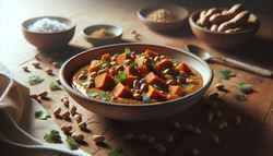 Vegan African Sweet Potato and Peanut Stew in a simple bowl, garnished with cilantro and peanuts on a wooden table.