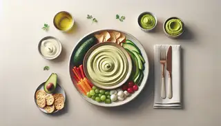 Aesthetic image of Creamy Avocado Hummus in a chic setting with fresh veggies, embodying simplicity and freshness.