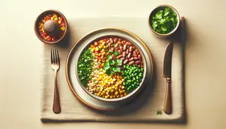Artfully arranged vegan Githeri dish, featuring vibrant corn and beans, topped with fresh cilantro, set in a calming dinner setting.
