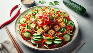 Vibrant vegan appetizer with marinated tofu strips, red bell pepper, cucumber slices, sesame seeds, and cilantro on a minimalist table setting.