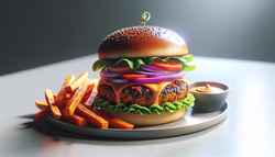 Realistic vegan burger with a black bean and sweet potato patty, lettuce, tomato, onion, vegan mayo, and sweet potato fries on a minimalist table in soft light.