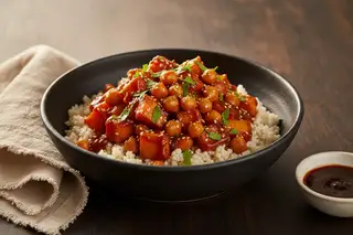 Gourmet vegan tamarind-glazed sweet potato and chickpeas on coconut millet in a matte bowl, finished with fresh cilantro and sesame seeds.