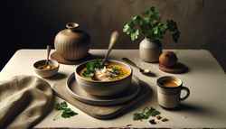 African Spiced Coconut Latte Soup Refined dining setup featuring a bowl of African Spiced Coconut Latte Soup garnished with cilantro and coconut, beside a simple espresso cup, on a minimalist table.