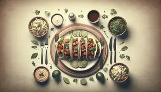 Minimalist table setting with Vegan BBQ Jackfruit Tacos as the star, surrounded by fresh cilantro and vegan coleslaw