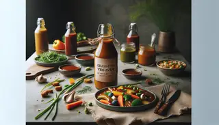 Vibrant Grass-Fed Vegan BBQ Sauce on a clean, rustic table setting, embodying simplicity and tranquility.