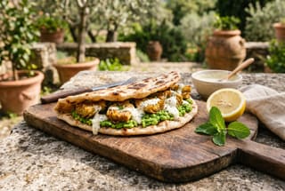 Zested Spring Piadina with Crispy Artichokes and Minted Pea Smash Handmade vegan piadina filled with crispy artichokes and green pea mash on a wooden board in a sunlit setting.