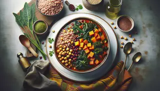 African vegan stew with sorghum, sweet potatoes, chickpeas, and kale in a colorful broth, served in a minimalist setting with African-inspired decor.