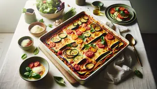 Vegan lasagna centerpiece in a baking dish with layers of tomato sauce, cashew béchamel, vegetables, and vegan parmesan, accompanied by a fresh salad.