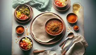 A colorful Ethiopian vegan lunch spread with injera and spicy lentil stew on a clean table setting.
