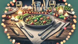 Draw a realistic image of a cozy dinner setting illuminated by soft lighting. In the center, lay a wooden table, beautifully set with cutlery and tableware. On the table, sits a star attraction: a dish of Vegan Pesto Pasta, garnished enticingly with halved cherry tomatoes and fresh basil leaves. The image should evoke comfort, satisfaction, and should seek to highlight the vibrant colors and flavors of the vegan meal.