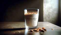 Vegan Cardamom Saffron Almond Milk in a clear glass with crushed almonds on top, set on a pristine wooden table, with a softly blurred background.